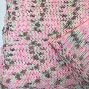 Soft Hand Crocheted Baby Blanket Afghan Girl Pink Yellow Taupe White
